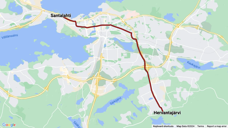 Tampere sporvognslinje 3: Santalahti - Hervantajärvi linjekort