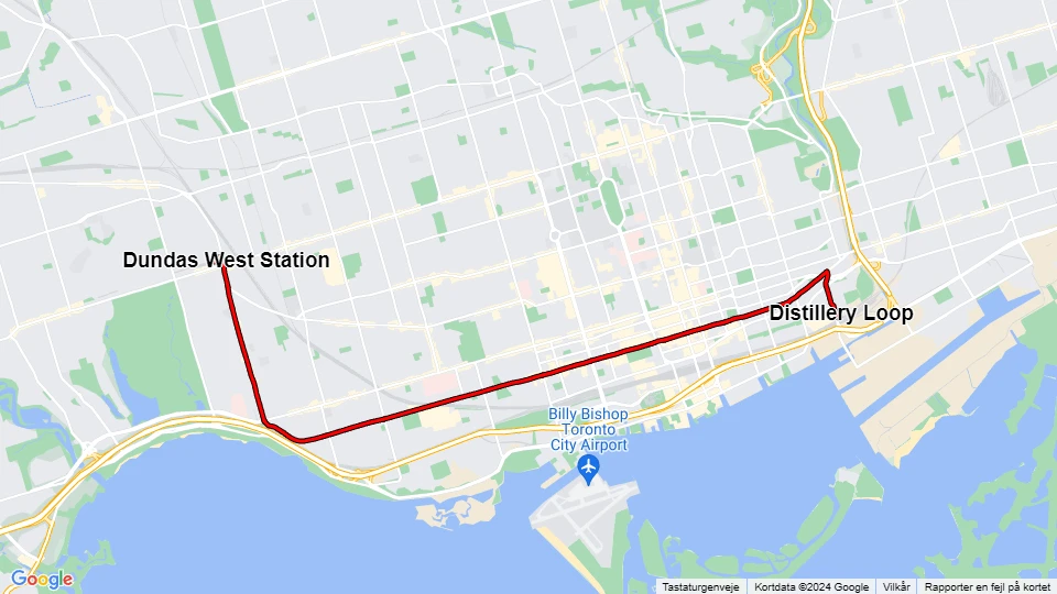 Toronto ekstralinje 504A King: Dundas West Station - Distillery Loop linjekort