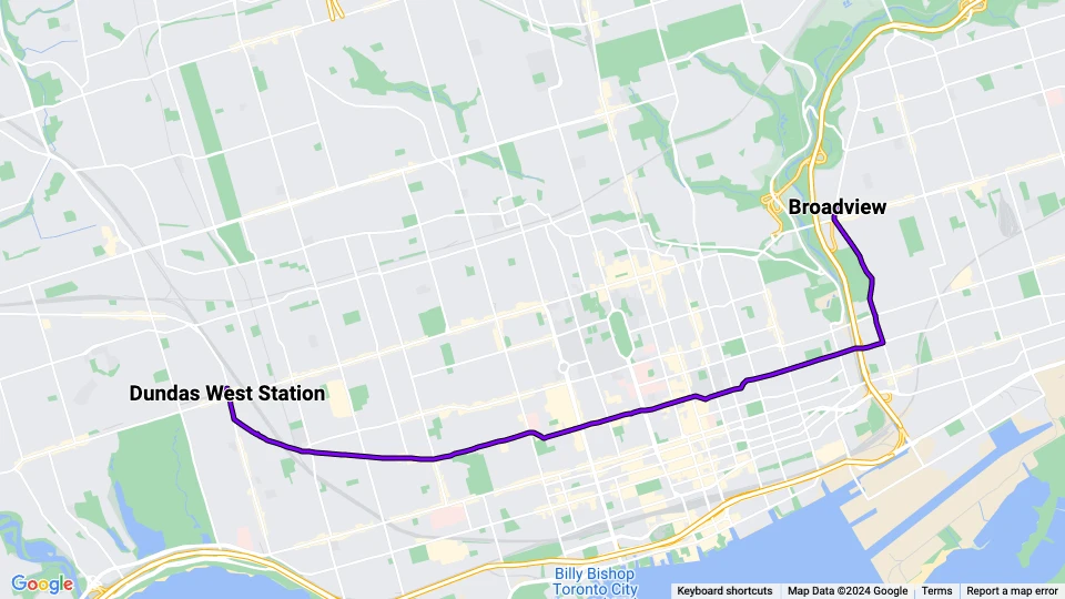 Toronto sporvognslinje 505 Dundas: Dundas West Station - Broadview linjekort