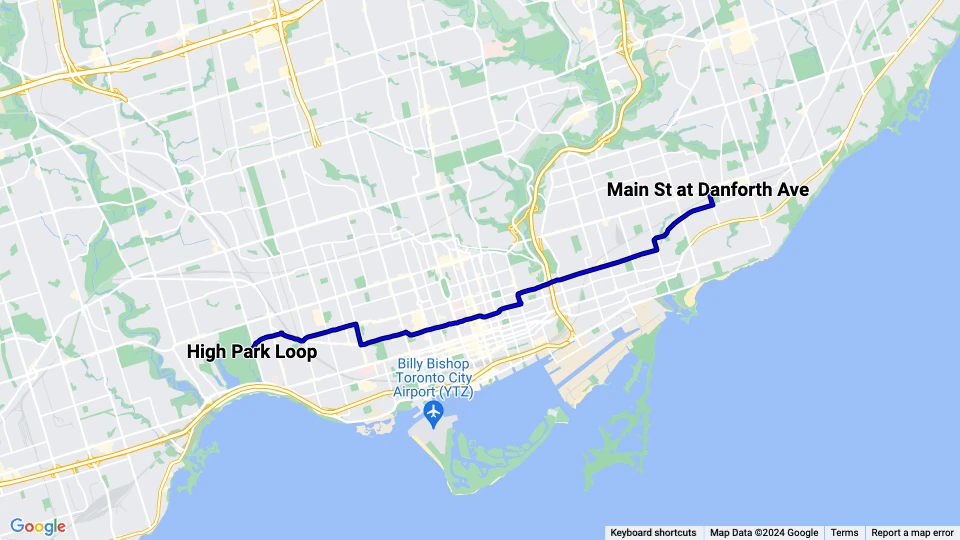 Toronto sporvognslinje 506 Carlton: Main St at Danforth Ave - High Park Loop linjekort