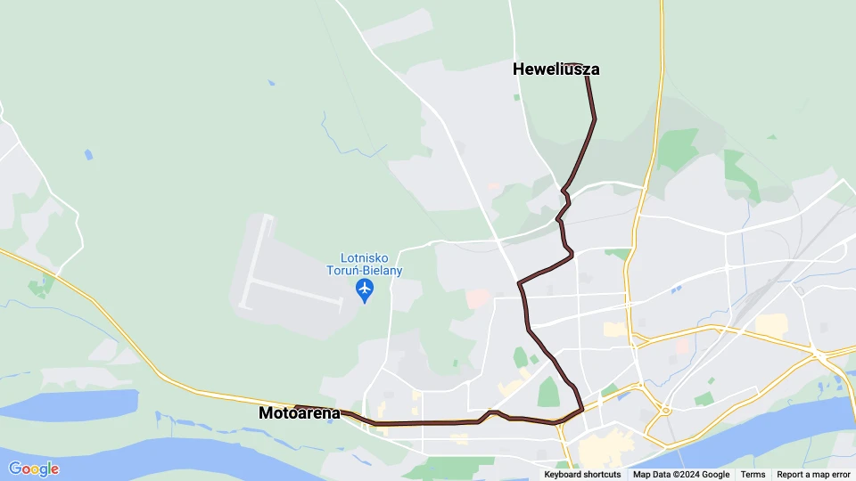 Toruń sporvognslinje 3: Motoarena - Heweliusza linjekort