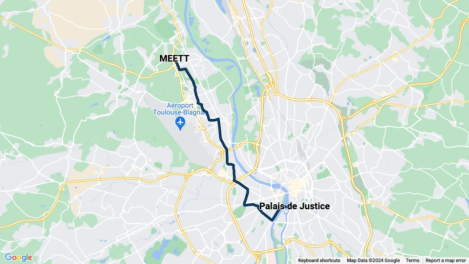 Toulouse sporvognslinje T1: Palais de Justice - MEETT linjekort