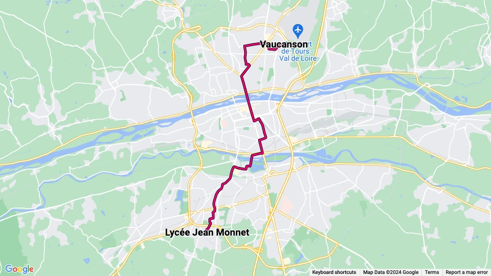 Tours sporvognslinje A: Vaucanson - Lycée Jean Monnet linjekort