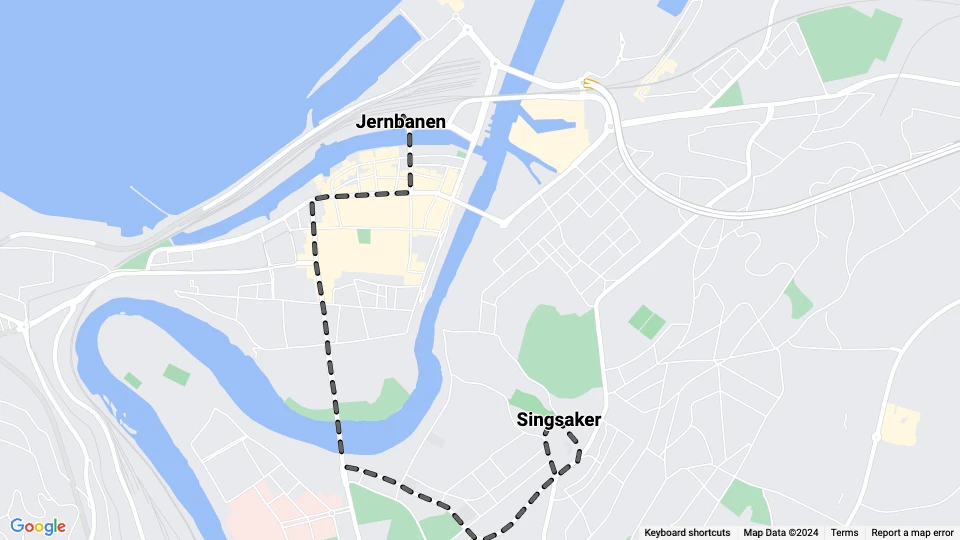 Trondheim sporvognslinje 3: Singsaker - Jernbanen linjekort