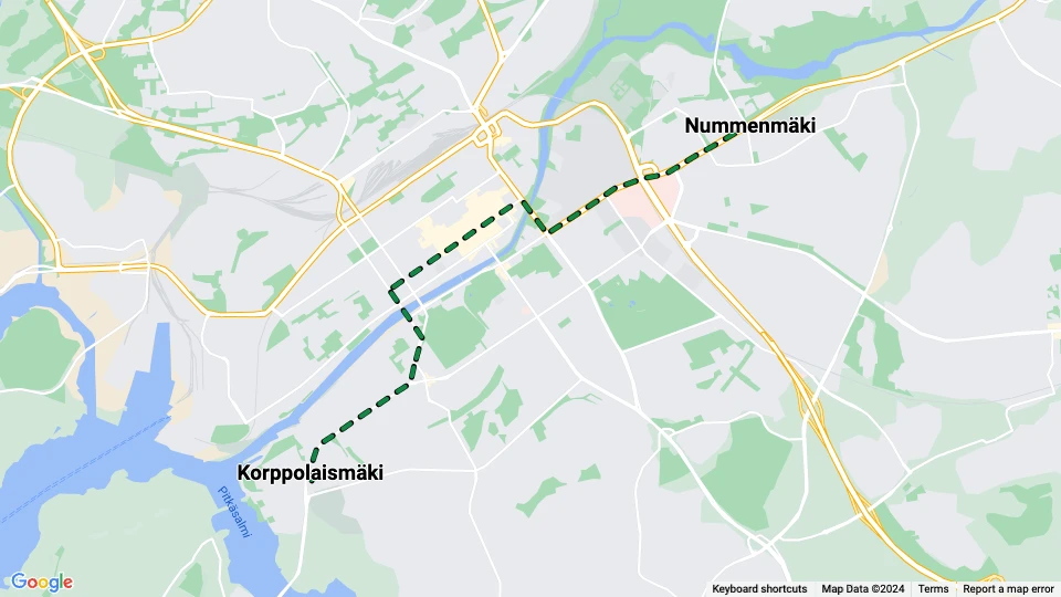 Turku sporvognslinje 2: Korppolaismäki - Nummenmäki linjekort