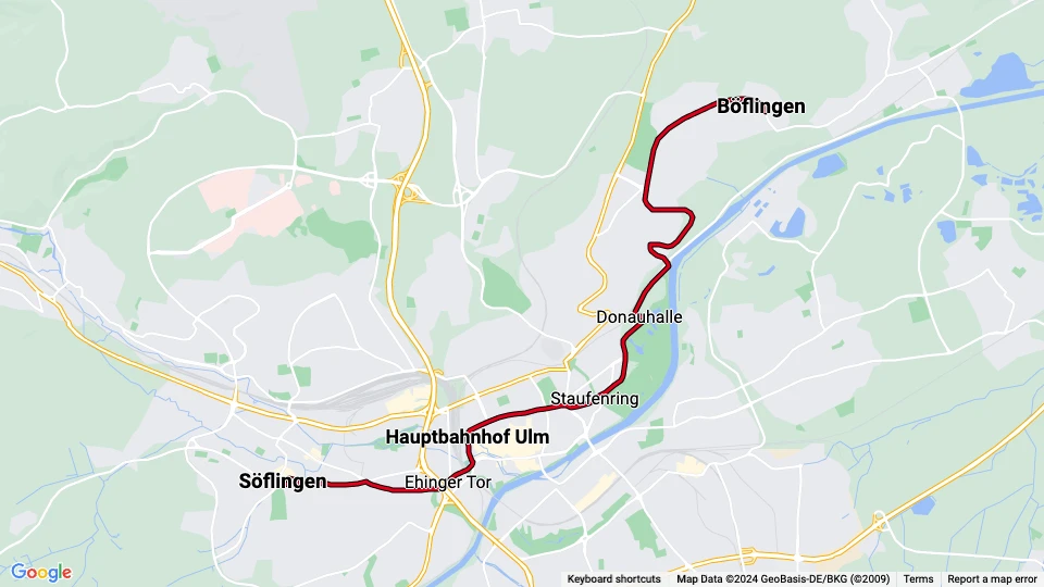 Ulm sporvognslinje 1: Söflingen - Böflingen linjekort