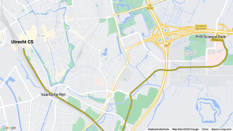 Utrecht sporvognslinje 22: P+R Science Park - Utrecht CS linjekort