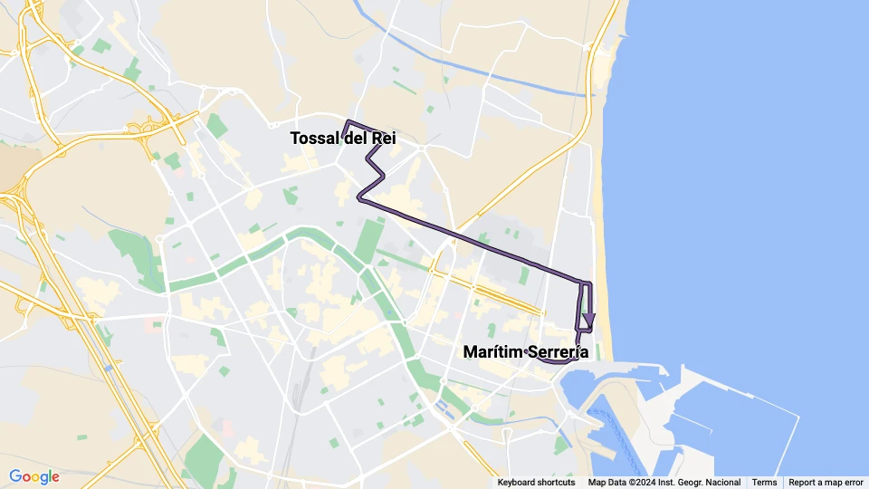Valencia sporvognslinje 6: Tossal del Rei - Marítim Serrería linjekort