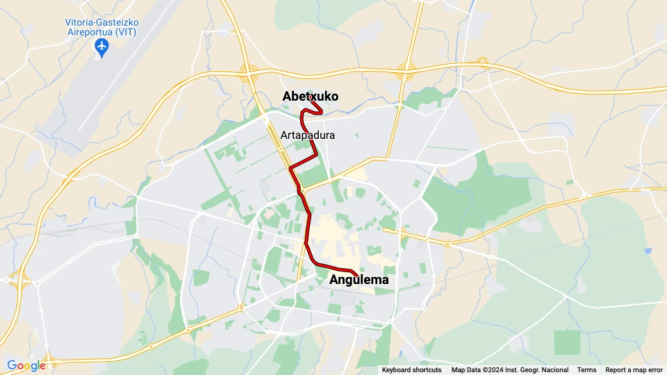 Vitoria-Gasteiz sporvognslinje T2: Angulema - Abetxuko linjekort