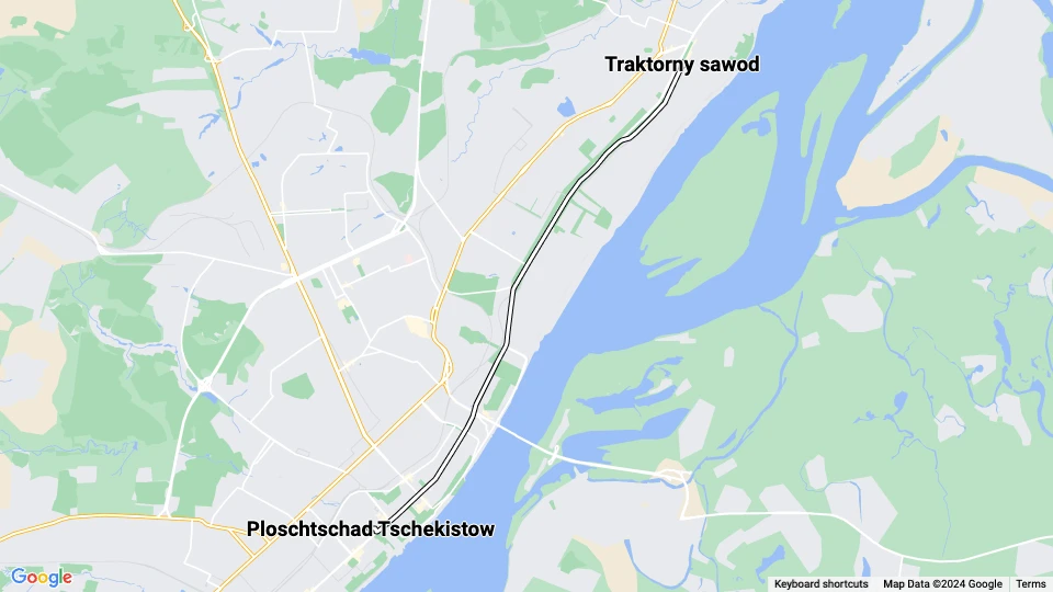 Volgograd sporvognslinje CT: Traktorny sawod - Ploschtschad Tschekistow linjekort