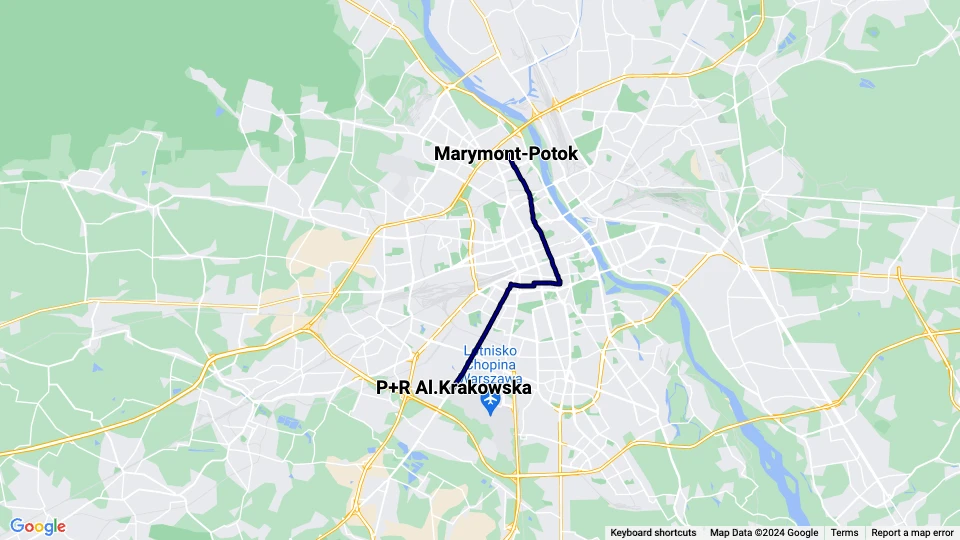 Warszawa sporvognslinje 15: P+R Al.Krakowska - Marymont-Potok linjekort