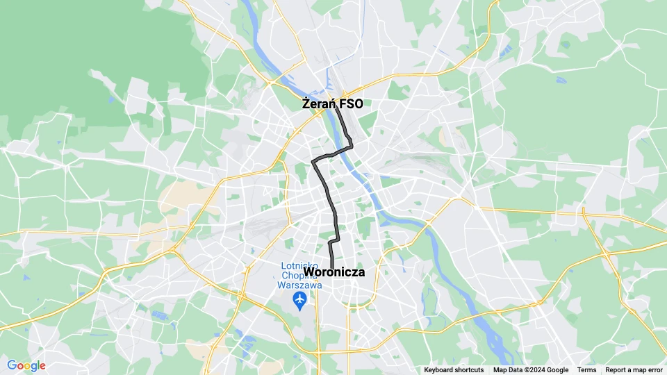 Warszawa sporvognslinje 16: Woronicza - Żerań FSO linjekort