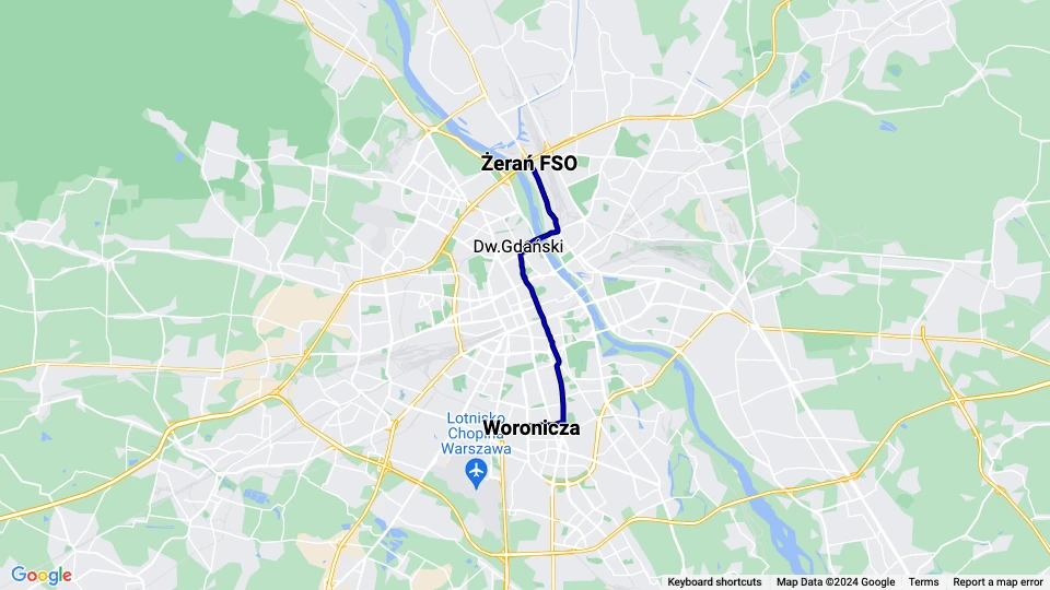 Warszawa sporvognslinje 18: Woronicza - Żerań FSO linjekort