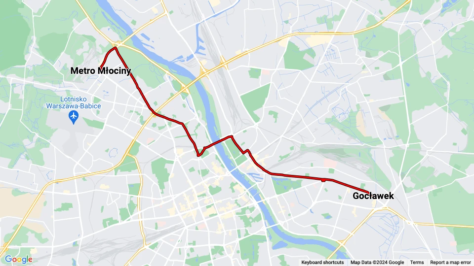 Warszawa sporvognslinje 6: Gocławek - Metro Młociny linjekort