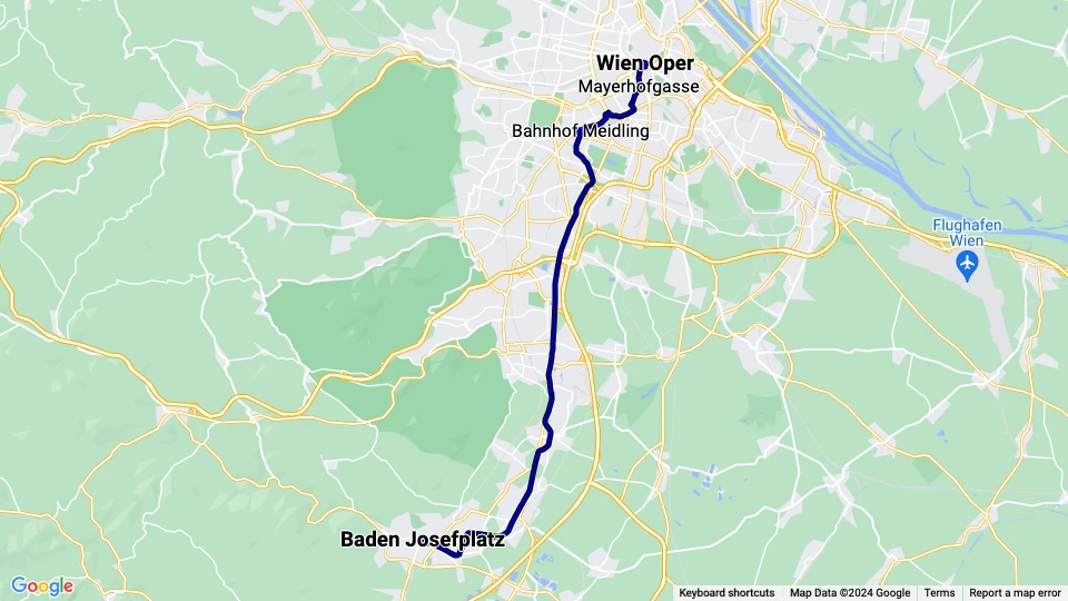 Wien regionallinje 515 - Badner Bahn: Wien Oper - Baden Josefplatz linjekort