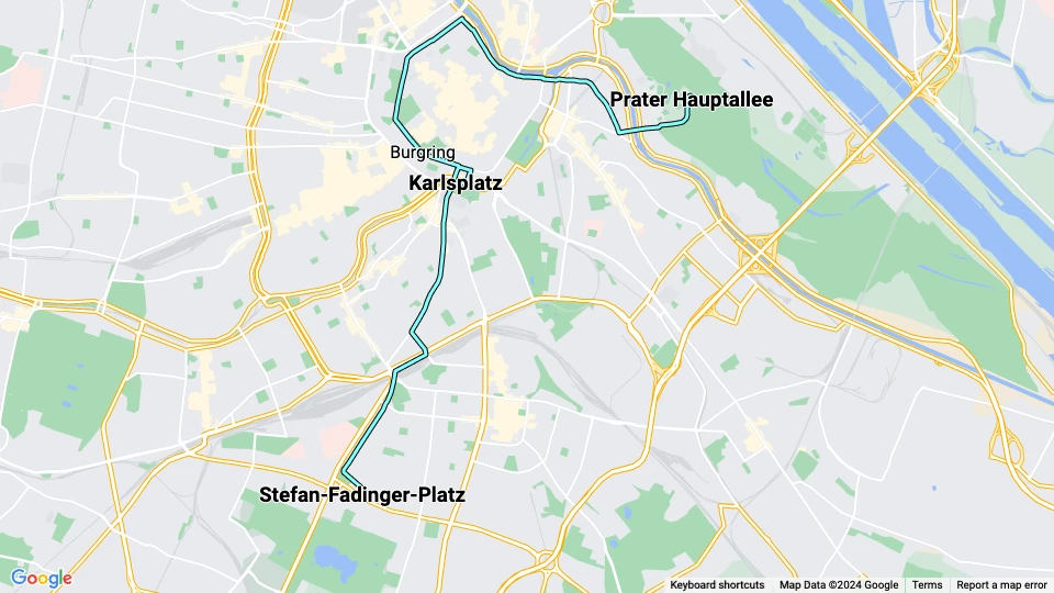 Wien sporvognslinje 1: Stefan-Fadinger-Platz - Prater Hauptallee linjekort