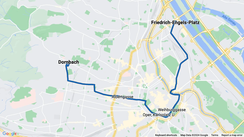 Wien sporvognslinje 2: Friedrich-Engels-Platz - Dornbach linjekort