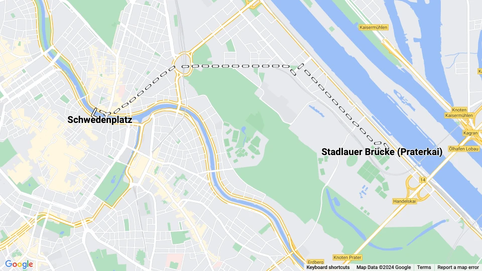 Wien sporvognslinje 21: Schwedenplatz - Stadlauer Brücke (Praterkai) linjekort