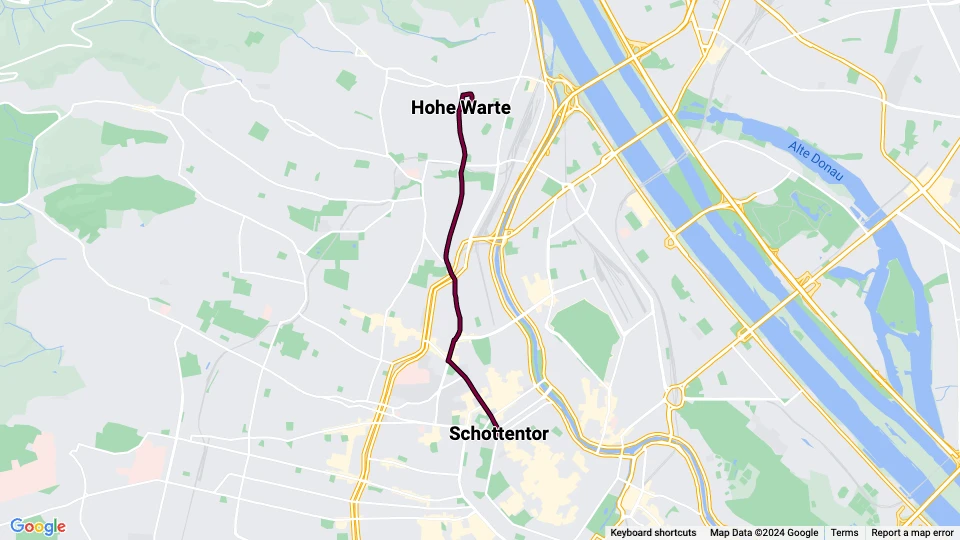 Wien sporvognslinje 37: Schottentor - Hohe Warte linjekort