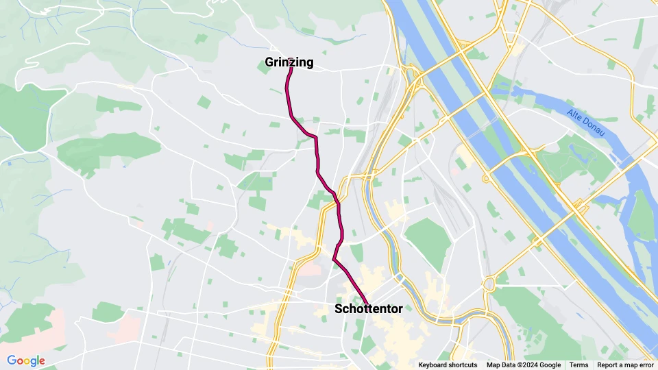Wien sporvognslinje 38: Schottentor - Grinzing linjekort