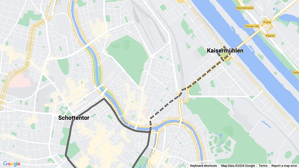 Wien sporvognslinje B: Schottentor - Kaisermühlen linjekort