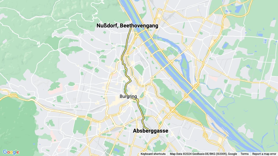 Wien sporvognslinje D: Absberggasse - Nußdorf, Beethovengang linjekort
