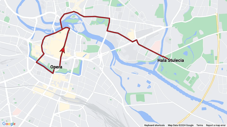 Wrocław museumslinje ZLT (Tramwajowa): Opera - Hala Stulecia linjekort