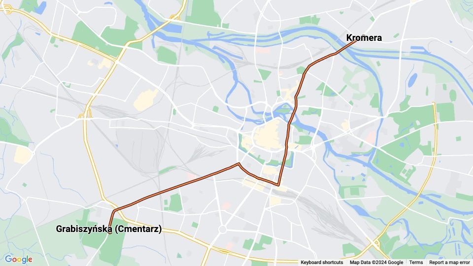 Wrocław sporvognslinje 11: Kromera - Grabiszyńska (Cmentarz) linjekort