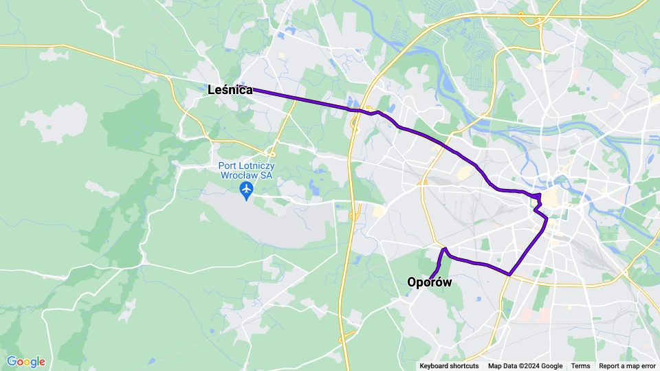 Wrocław sporvognslinje 20: Leśnica - Oporów linjekort