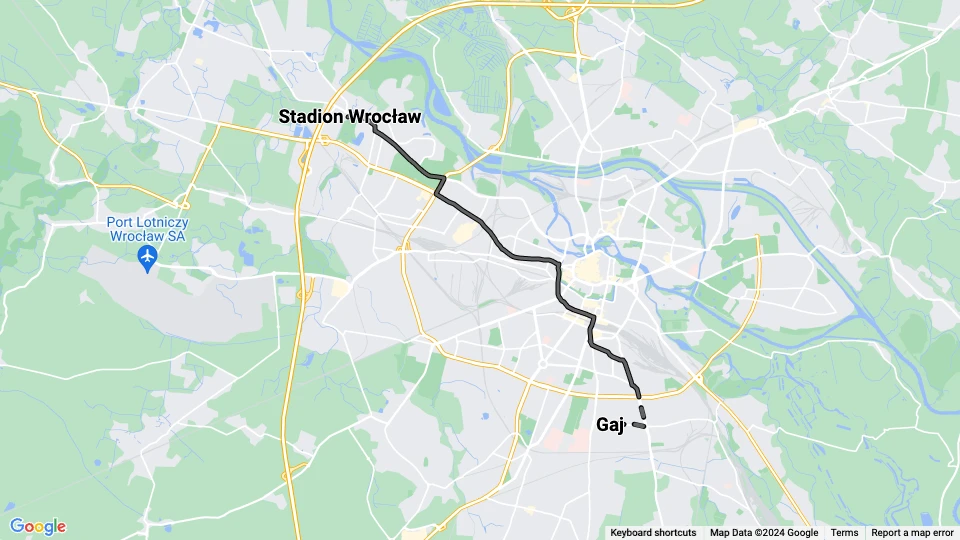 Wrocław sporvognslinje 31: Stadion Wrocław - Gaj linjekort
