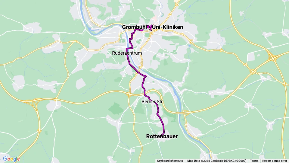 Würzburg sporvognslinje 5: Grombühl / Uni-Kliniken - Rottenbauer linjekort