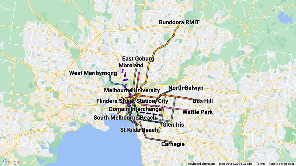 Yarra Trams i Melbourne linjekort