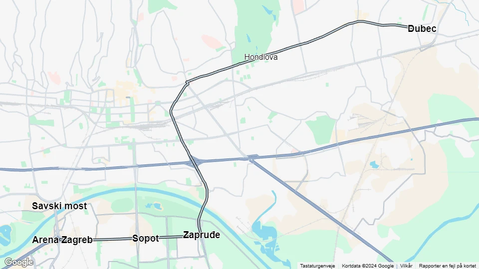 Zagreb sporvognslinje 7: Arena Zagreb - Dubec linjekort