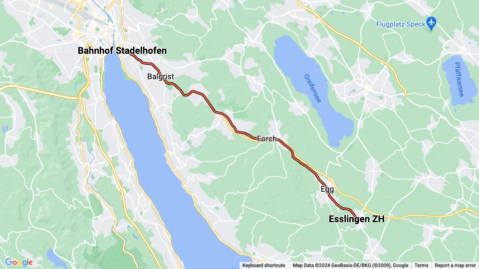 Zürich regionallinje S18: Bahnhof Stadelhofen - Esslingen ZH linjekort