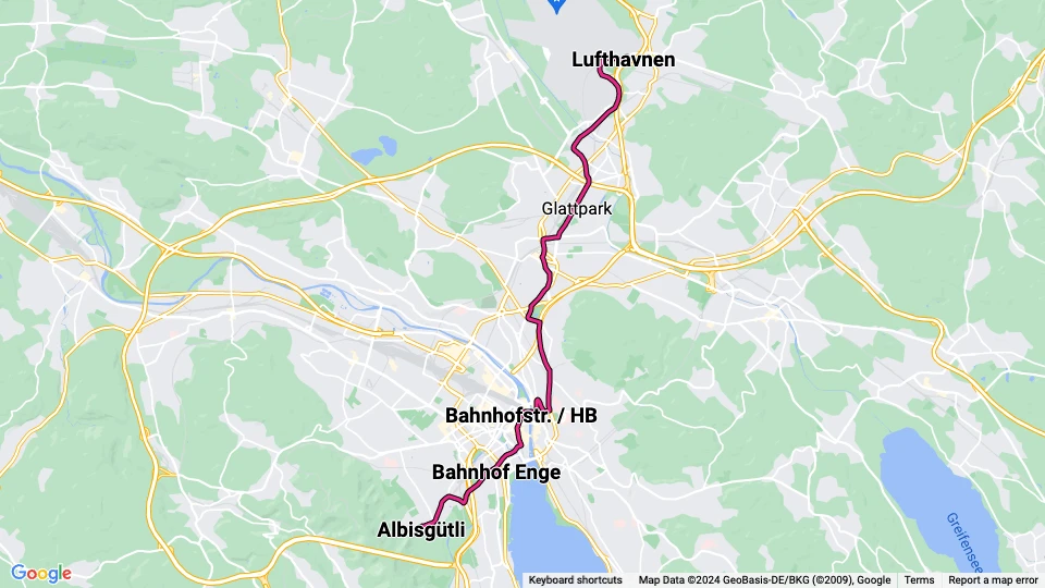 Zürich sporvognslinje 10: Albisgütli - Lufthavnen linjekort