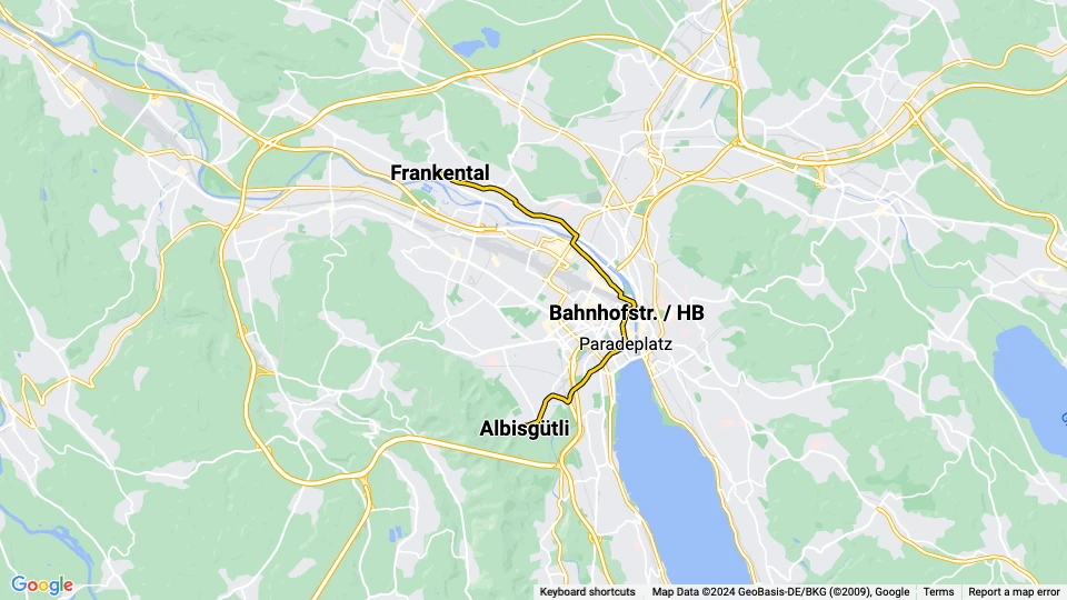 Zürich sporvognslinje 13: Albisgütli - Frankental linjekort