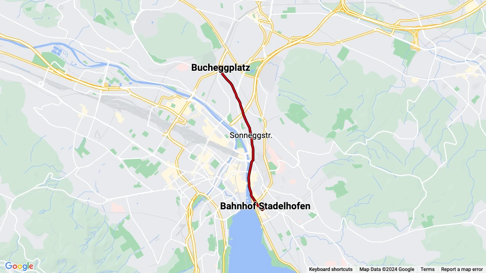 Zürich sporvognslinje 15: Bucheggplatz - Bahnhof Stadelhofen linjekort