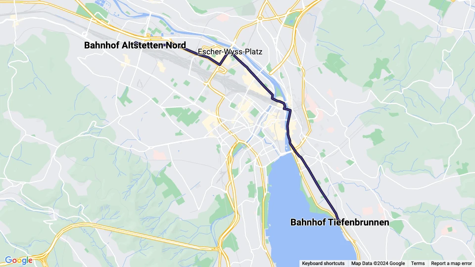 Zürich sporvognslinje 4: Bahnhof Tiefenbrunnen - Bahnhof Altstetten Nord linjekort