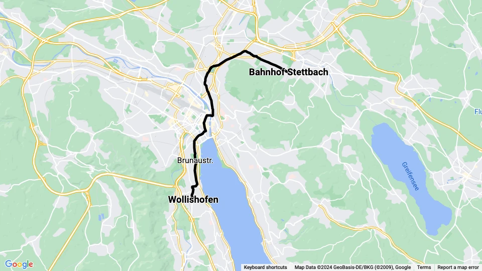 Zürich sporvognslinje 7: Bahnhof Stettbach - Wollishofen linjekort