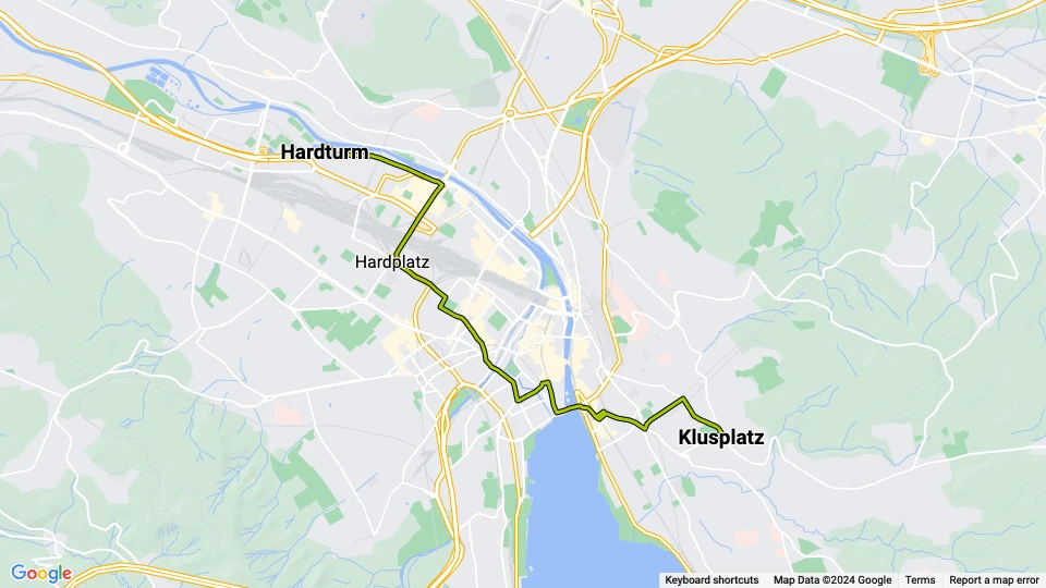 Zürich sporvognslinje 8: Klusplatz - Hardturm linjekort