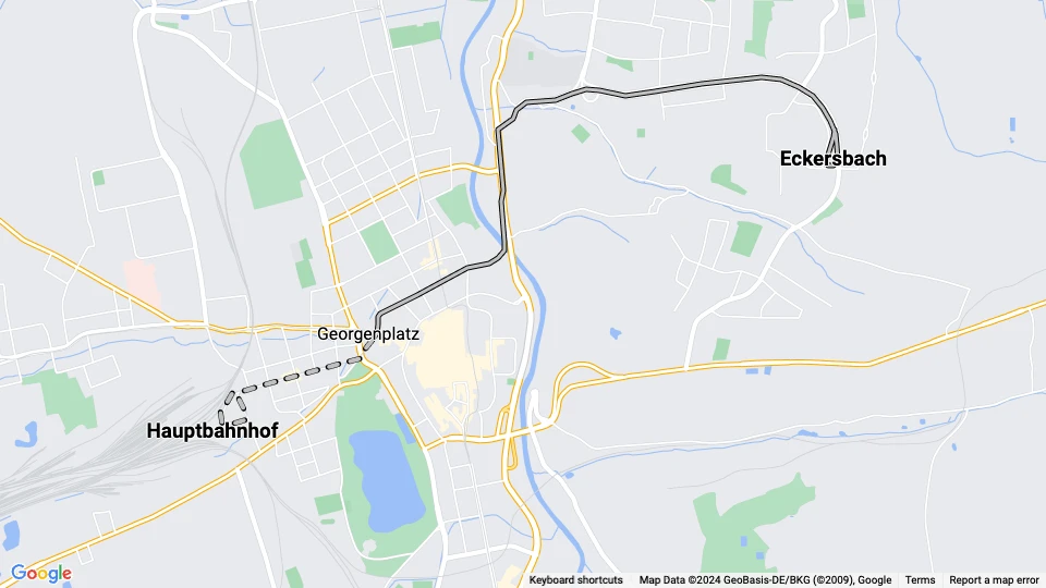 Zwickau sporvognslinje 1: Hauptbahnhof - Eckersbach linjekort